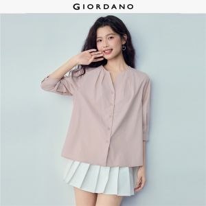 GIORDANO Women Blouses 100% Cotton Gathered Notch Neck Blouses 3/4 Sleeve Regular Fit Fashionable Casual Blouses 05346488