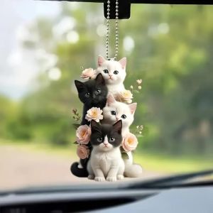 PLLEWY Lightweight Cat Hanging Ornament Acrylic Flat Car Mirror Pendant  Cute Kitten Charm Car Rearview Mirror