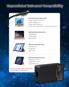 65W Surface Pro Charger Compatible with Surface Pro 11 10 9 8 7+ 7 6 5 4 3 XSurface Laptop 7 6 5 4 3 2 1 Go 3 2 1Book 3 2 165W Power Adapter with USB PortSupport 44W 36W