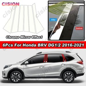 8x Glossy Chrome PC Material Mirror Effect Car Door Window Middle B C Pillar Post Center Column Cover Trim Sticker Styling For Honda BRV BR-V DG1 DG2 2016 2017 2018 2019 2020 2021