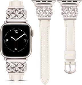 TOYOUTHS Compatible with Watch Bands Women 38/40/41/42mm Dressy Thin Leather Strap with Celtic Knot Interlock Buckle Bracelet for iWatch Series 11 10 9 8 7 6 5 4 SE 3 2 1 Beige/Starlight