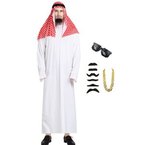 BEIBEI White Robe Arabic Costume Red Headscarf Cosplay Arab Robe Set Comfortable Funny Glasses Dubai Style Stage Dress Adult Men