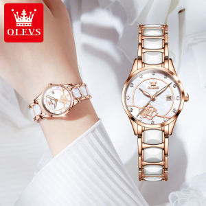 Swiss Certified OLEVS luxury watches for women water proof original pawnable Ultra-thin korean style elegant ceramic steel belt flower dial relo for women