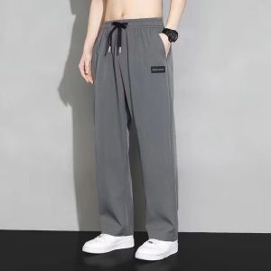Mens Ice Silk Jogging Pants Casual Straight Zipper Pocket Cut Wide Leg Summer Fashion Jogger Pants Loose Trend Thin Pants Plus Size