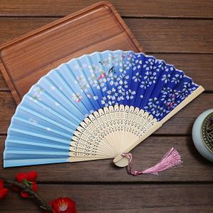 BEITE Summer Wedding Party Women Silk Chinese Style Bamboo Art Craft Hand Held Pattern Hand Held Flower Fan Dance Hand Held Silk Fan Photo Prop Tool Folding Fan