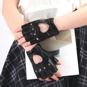 1 cặp găng tay nữ thời trang da PU đen nửa ngón găng tay trái tim rỗng không ngón găng tay cho bé trai khiêu vũ