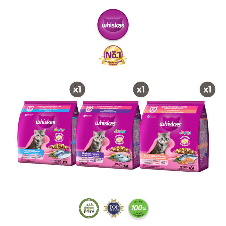 WHISKAS Junior Dry Kitten Food, 450g. Makanan Kucing Kering Untuk Anak