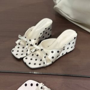 [Free Shipping] 2026 New White Polka Dot Wedge Sandals for Women Summer Outdoor Wear Bowknot Open-Toe Slip-On High Heels