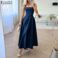 Esolo ZANZEA phụ nữ satin không tay cổ vuông Đầm midi buổi tối Swing bên đầm màu trơn #14. 
