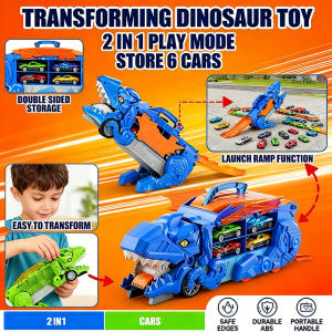 Dinosaur Transporter Toy Transformable Truck Carrier with 4 Alloy Cars Play Set for Kids Boys Girls