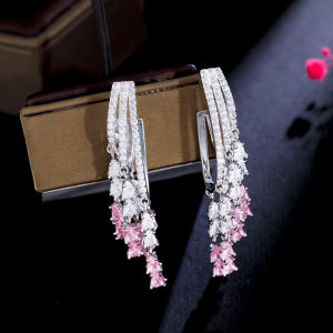 SEQUITO Personality Women Jewelry White Gold Plated Pave Setting White Pink AAA Cubic Zirconia Exquisite Three Round Tassel Long Drop Earrings for Prom Party SE757