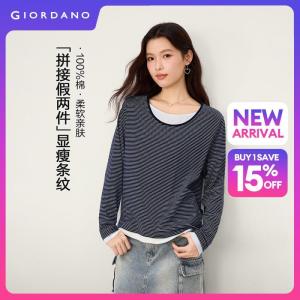 Giordano Beau Monde Women Fake two-piece striped long sleeve cotton tee Free Shipping 13326616