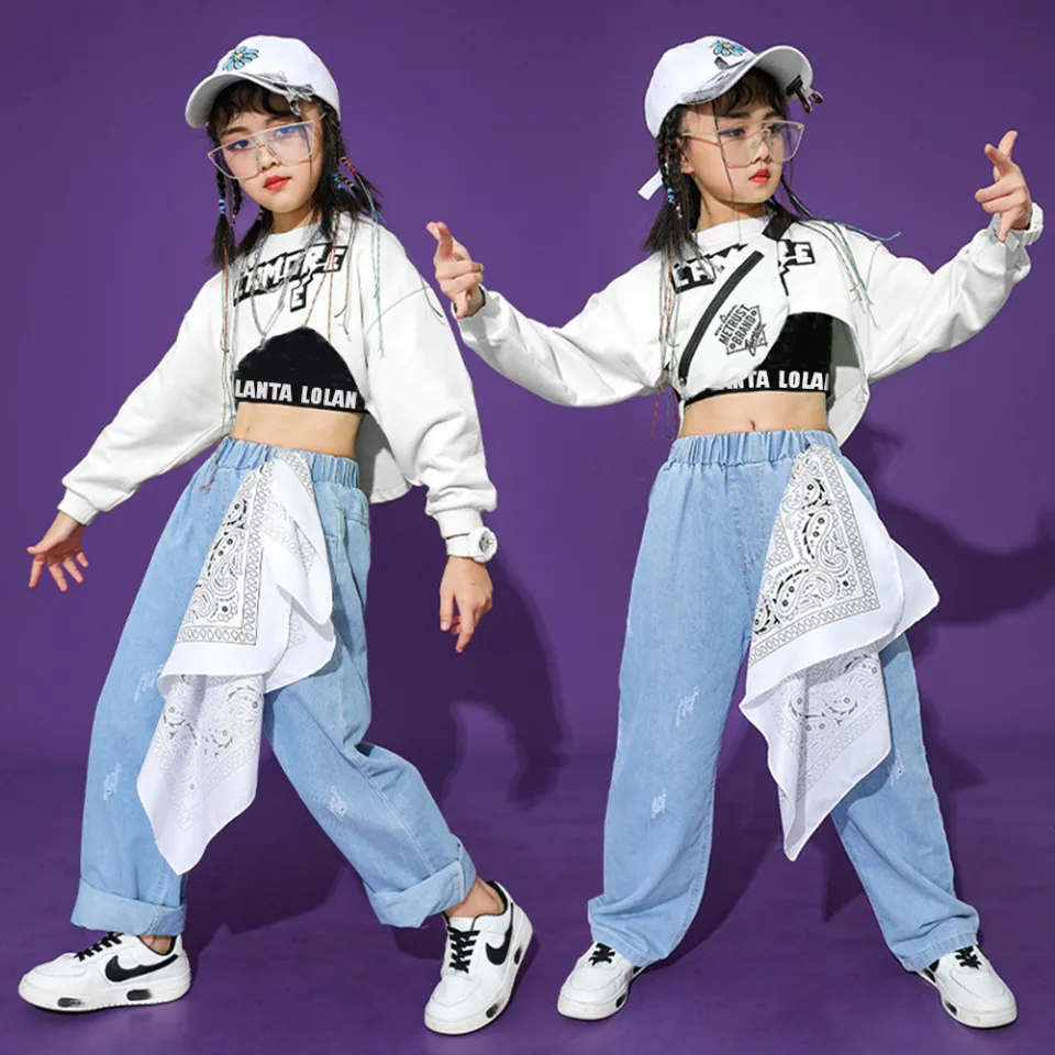 Modern Jazz Dance Costume Girls Long Sleeves Tops Pink Pants Kids Hip Hop  Clothes Kpop Group Performance Outfit Streetwe size 120CM Color Tops
