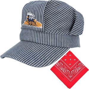 Conductor Hat+Paisley Bandanna (2 IN 1) Engineer Cap Adjustable Train Conductor Dress Up Kit for Kids