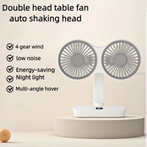 Creative Double Head Desktop Oscillating Fan USB Rechargeable 4000mAh Battery Powered Portable Automatic Rotating Table Fan 4 Gear Wind