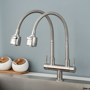 Kitchen faucet multifunctional 304 stainless steel single cold water faucet double nozzle kitchen faucet
