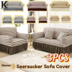 Keranixy Thicken Seersucker Sofa Cover Set 3 In 1 Skirt Colour-blocked Sofa Protector Home Decoration