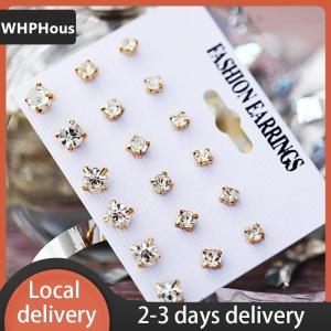 [COD] WHPHous Ship within 24 hours Fashion Simple 9 Pairs set Mix Stud Earrings Set Square Geometric Earrings For Women New Rhinestone Earrings Jewelry