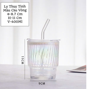 Ly Thuỷ Tinh Màu Cầu Vòng 400ML Kèm Nắp Và Ống Hút  Colorful Glass Cup With Lid And Straw