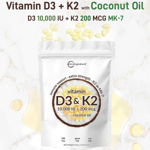 Vitamin D3 10000iu + K2 MK7 200mcg 300 Softgels วิตามินดี3 พร้อมเค2 Complex ช่วยดูดซึมแคลเซียม ป้องกันกระดูกพรุน
