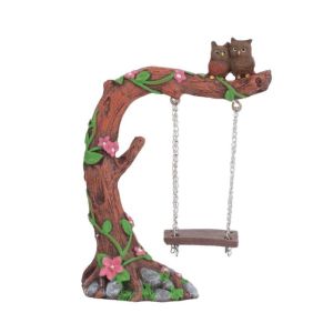 HUGHES Funny Garden Owl Swing Statue Resin Crafts Handmade Owl Stump Ornament Creative Cute Mini Swing Figurine For Outdoor Gardens