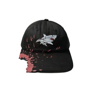 KAWAIIR Chomped Brim Design Shark Bite Cap Premium Cotton Vibrant Fabric Paint Distressed Trucker Caps Splatter Ink Duckbill Hat Pre-Curved Sunshield Embroidered Baseball Hat Streetwear Fashion Icons