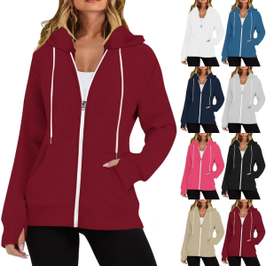Solid Color Long Sleeve Pocket Drawstring Hood Zipper Thumb Hole Sweatshirt