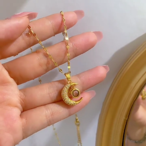 Zircon Moon 100 Languages I Love You Necklace Stainless Steel Clavicle