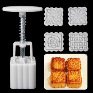 FOUNDTWO 4Pcs Flowers DIY Mooncake Hand Pressure Mould Cakes Baking Tools Pastry Molds