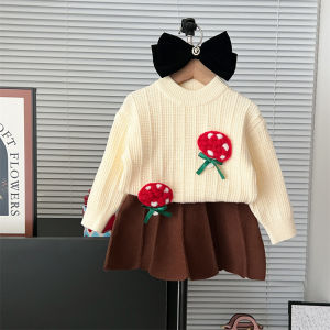 Bear Leader Baby Clothes Set Girls 3D Lollipop Flower Long Sleeves Knitted Top and Solid Color Skirt 2 Pieces Christmas Suits for Kids Clothing Knitting Outfits 2-6 Years