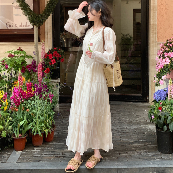 Sifon Korea Baru Rok lengan panjang putih/maxi dress korea/dress putih  korea | Lazada Indonesia