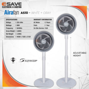 Airafan AS10 8" Adjustable Stand Fan 3 Speed 90° Oscillation