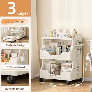 Multi Layer Foldable Rolling Storage Cart Movable Office File Shelf Snack Organizer Rack With Wheels