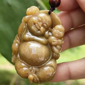 Rare Full Brown Natural Type A Jadeite Pendant crafted as Milo with two kids means Happiness for the family and Longevity wealth and health with certificate weighs at 61.27 grams 48.50 * 41 * 21.60 mm (pendant110)
