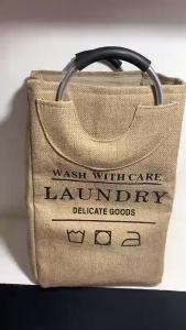 Sturdy Fabric Laundry Basket Jute Foldable Storage Bag With Aluminum Handle Home Clothes Organizer