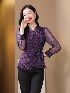 AMMIN New Chinese Style Ruched Ruffle Stand Collar Commuter Chiffon Blouse for Women 2025 Early Autumn New Fashion Irregular Single-Breasted Loose Long Sleeve Vintage Floral Print Elegant Blouse