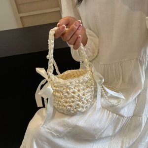 MOIRA โบว์สำหรับผูก กระเป๋าสานทอ สีทึบทึบ เป็นรูกลวง กระเป๋าถือสำหรับชายหาด ง่ายๆ สไตล์โบฮีเมียน กระเป๋าสะพายไหล่ไข่มุก สาวๆ