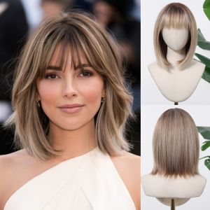 Tóc giả Ombre màu nâu đến hạt dẻ Tóc giả Bob thẳng dài đến vai với tóc mái cùn cắt sẵn Nhìn tự nhiên Tóc giả tổng hợp chịu nhiệt2026