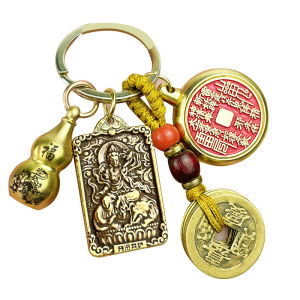 已开光 招财钥匙扣 山鬼花钱黄铜钥匙扣十二生肖守护神挂件男女八卦铜钱平安扣小礼物 Fortune Key Chain Mountain Ghost Spend Money Wholesale Genuine Cinnabar Pendant Five Elements of The Year of Life Gossip Peace Button Pendant Gift