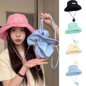SHIRUI Rộng vành Mũ ngư dân Có thể gập lại Tấm Che Nắng Túi dây rút Phong cách Hàn Quốc Chuyển đổi thành túi Mũ che nắng Mùa hè