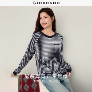 GIORDANO Women T-Shirts 100% Cotton Topstitch Striped Tee Crewneck Raglan Sleeve Fashionable Casual Loose T-Shirts 13326814