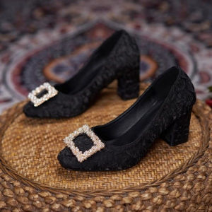 Plus Size Block Heels Pearl Square Buckle Feet Fat Feet Wide Pumps Womens Everyday Fashion Wide Feet