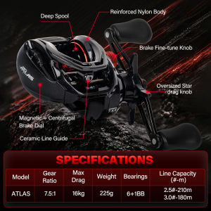SeaHunter ATLAS BC Reel Pancing 6+1BB 7.5:1 Drag 16KG Magnetic + Centrifugal Dual Brake System Deep Spool Drag Clicker