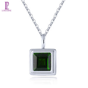 Lohaspie Jewelry Real 1.1 Carats Solid Sterling Silver 925 Pendant Original Natural Chrome Diopside Pendant Square Cut Gemstone Chrome Diopside Pendant For Women Silver 925 Jewelry