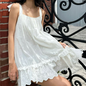 Bohemian White Embroidery Flower Tide Bow Spaghetti Strap Dress Woman Wood Ears Ruffles Hem Swing Loose Swing Mini Dresses Robe2026
