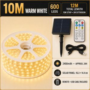 Keycool Solar LED Strip Lights Warm White IP65 Waterproof 5M/10M/20M 300/600/1200 LEDs with Remote Control Timer and Dimmable Outdoor Garden Patio Decor