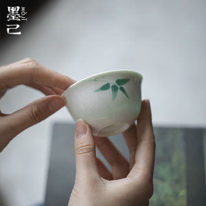 墨己玉泥手绘翠竹陶瓷茶杯功夫茶具文人品茗杯内釉松石绿家用单杯