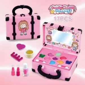 33pcs Mainan Kosmetik Kecantikan Anak Set Kotak Makeup Hadiah Ulang Tahun untuk Anak Perempuan Set Riasan Anak