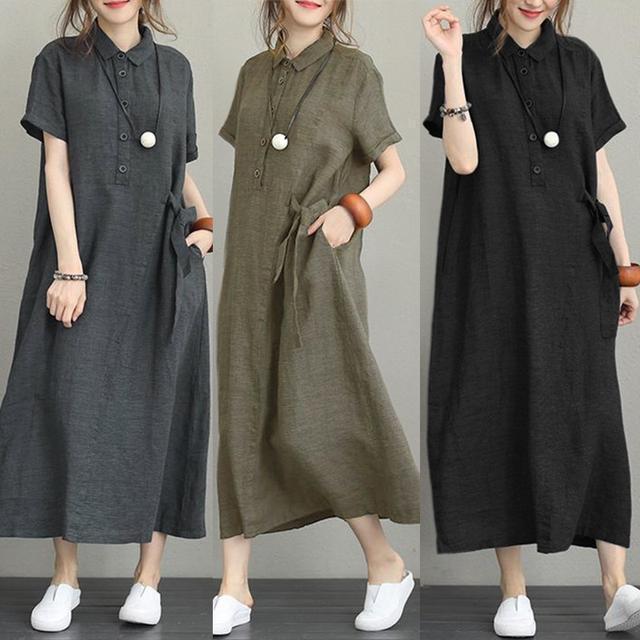 Rắn vải lanh và cotton ve áo, tay ngắn, có túi dáng thụng, women's ...