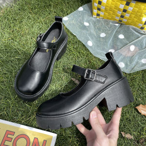 [Free Shipping] Thick-Soled White Round-Toe Flats WomenS Spring Collection Retro Mid-Heel Style JK-Style Small Leather Shoes